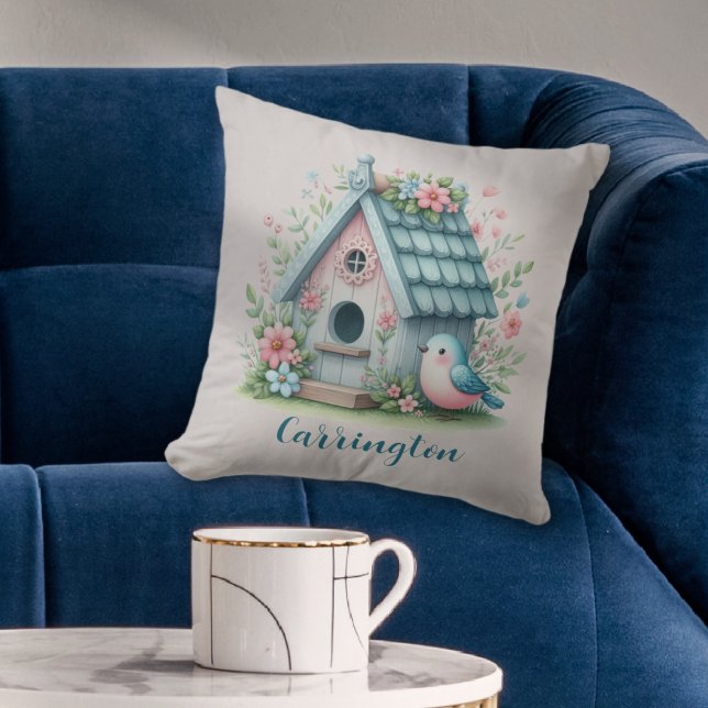 Sweet Blue and Pink Birdhouse Personalized Throw Pillow (Sweet Blue and Pink Birdhouse Personalized Throw Pillow
)