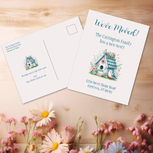 Sweet Blue and Pink Birdhouse "We've Moved" Postcard