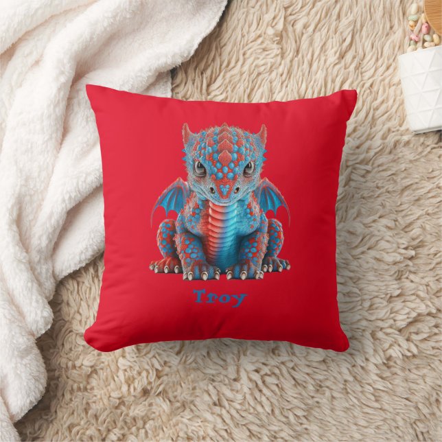 Sweet Blue and Red Baby Dragon Throw Pillow (Blanket)
