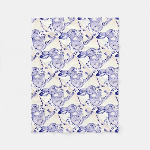 Sweet Blue and White Baby Bunny Tile Home Decor Fleece Blanket