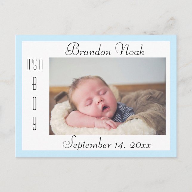 Sweet Blue and White Birth Announcement Postcard (Front)