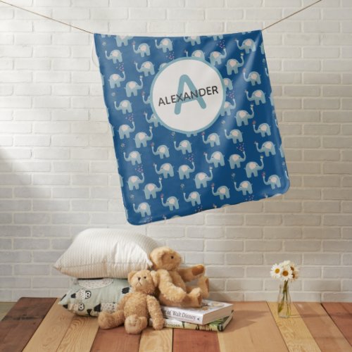 Sweet Blue Baby Elephants Pattern Monogram  Baby Blanket