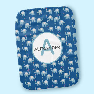 Sweet Blue Baby Elephants Pattern Monogram Baby Burp Cloth