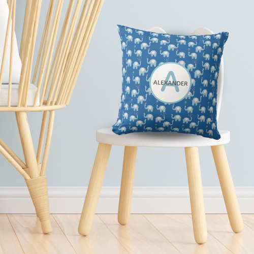 Sweet Blue Baby Elephants Pattern Monogram Throw Pillow