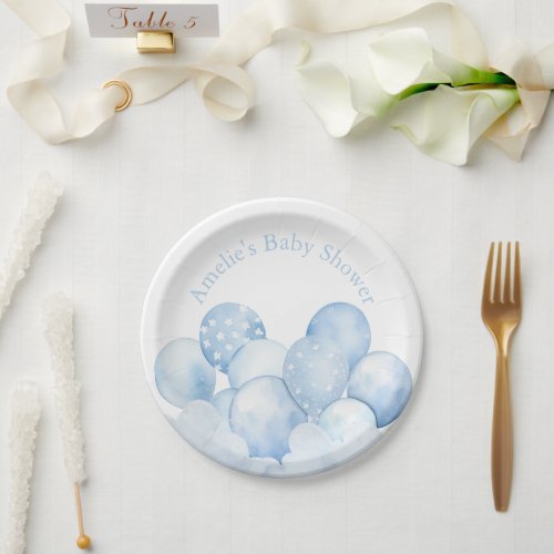 Sweet Blue Balloons Baby Shower Paper Plate