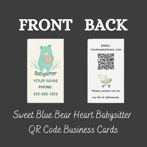 Sweet Blue Bear Heart Babysitter QR Code Business Card