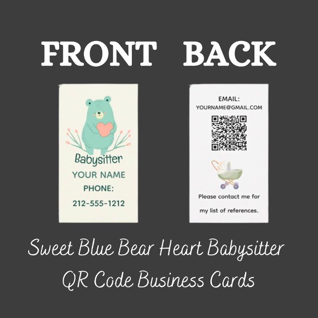 Sweet Blue Bear Heart Babysitter QR Code Business Card (Sweet Blue Bear Heart Babysitter QR Code Business Cards)