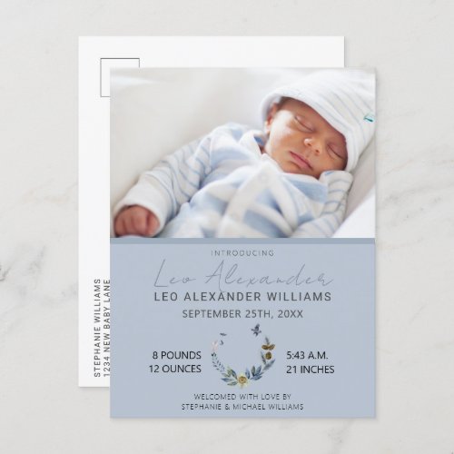 Sweet Blue Boho Floral Baby Boy Photo Birth Announ Announcement Postcard