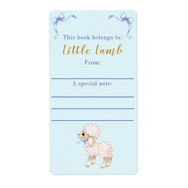 Sweet Blue Bow Boy Lamb Baby Shower Bookplate (Front)
