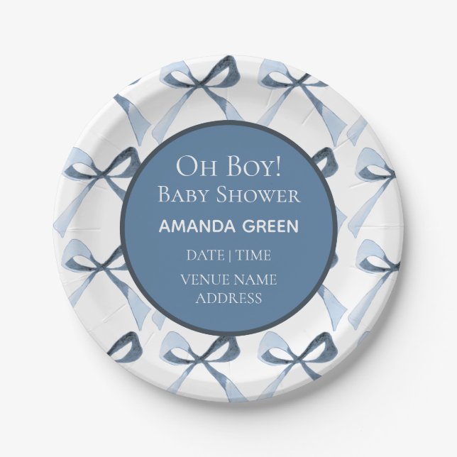 Sweet Blue Bows Baby Shower Paper Plates (Front)