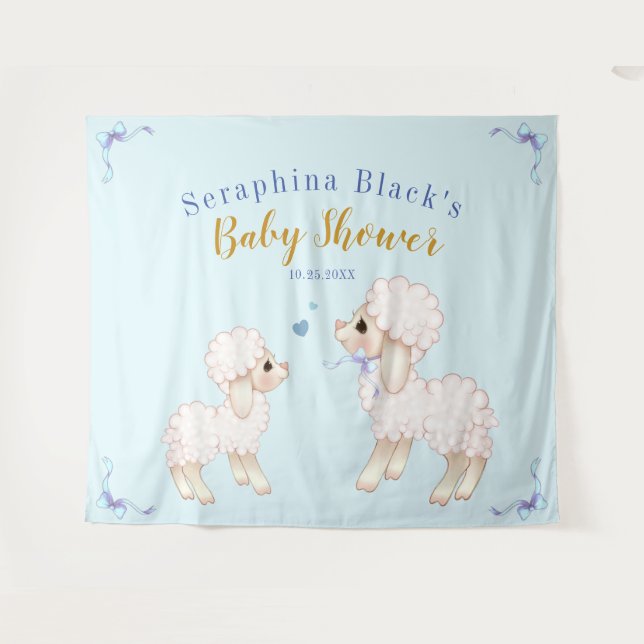 Sweet Blue Boy Lamb Baby Shower Backdrop (Front (Horizontal))