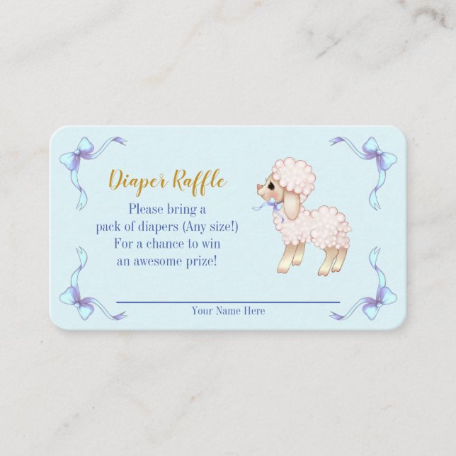 Sweet Blue Boy Lamb Baby Shower Diaper Raffle Enclosure Card (Front)
