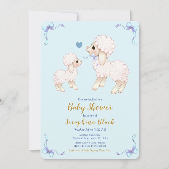 Sweet Blue Boy Lamb Baby Shower Invitation (Front)