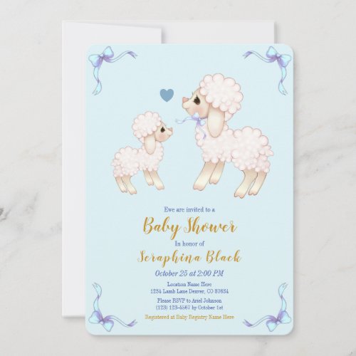 Sweet Blue Boy Lamb Baby Shower Invitation