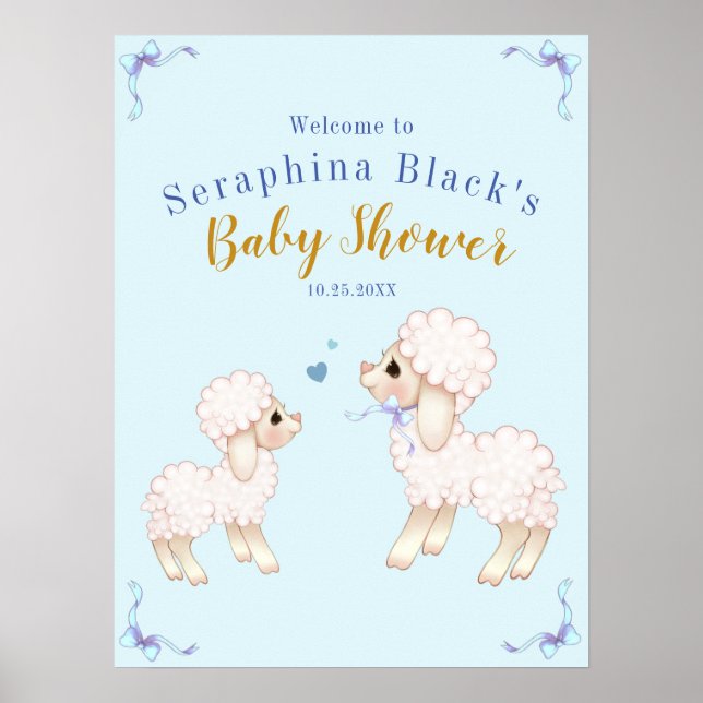 Sweet Blue Boy Lamb Baby Shower Welcome Poster (Front)