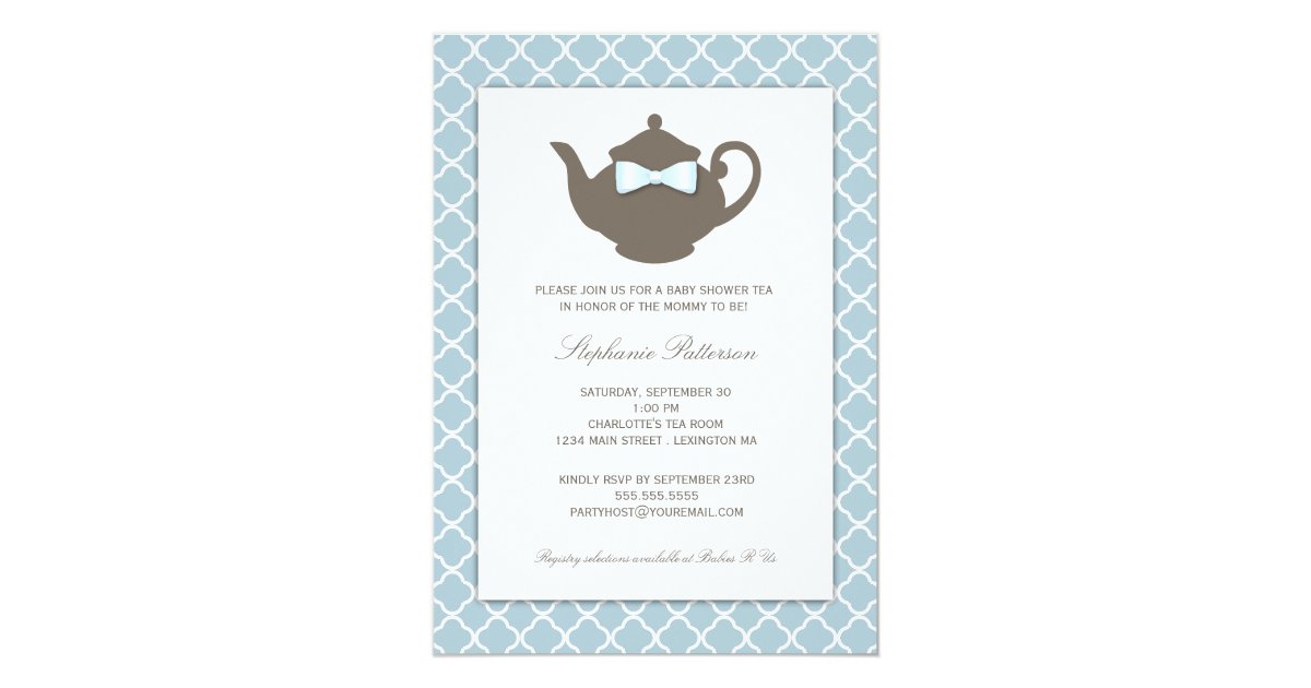 Sweet Blue Brown Teapot Baby Shower Tea Party Card