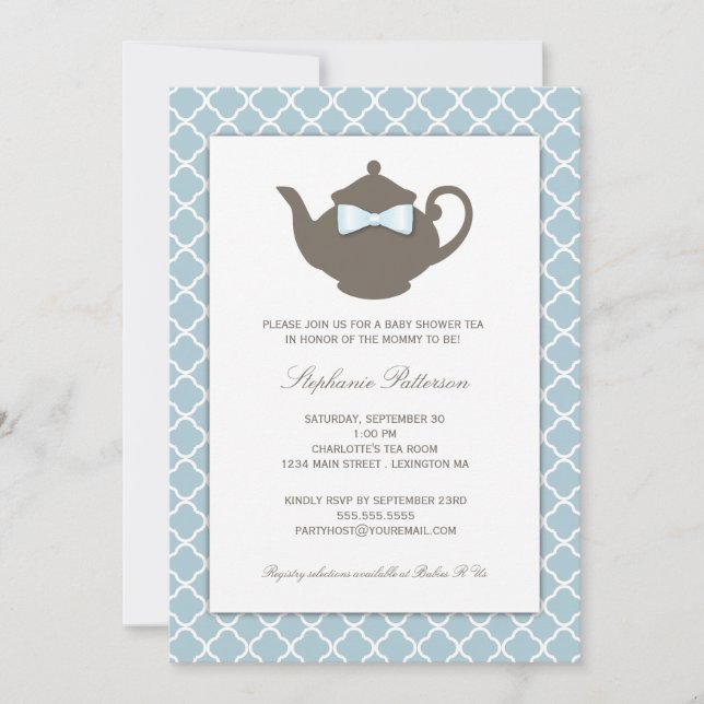 Sweet Blue | Brown Teapot Baby Shower Tea Party Invitation (Front)