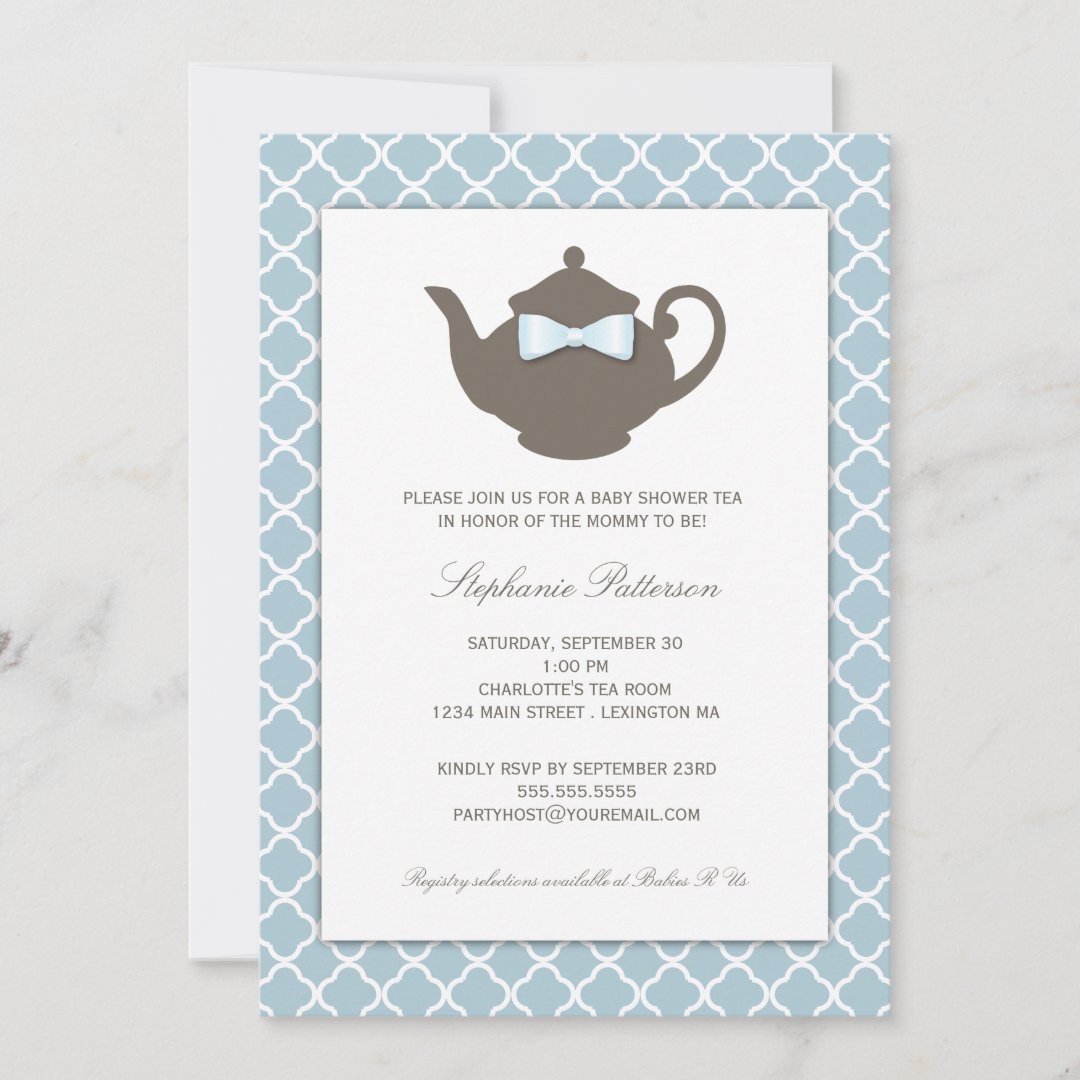 Sweet Blue Brown Teapot Baby Shower Tea Party Invitation Zazzle