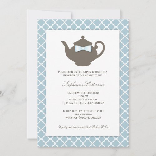 Sweet Blue  Brown Teapot Baby Shower Tea Party Invitation