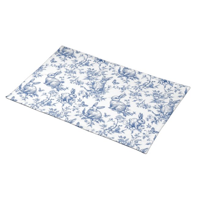 Sweet Blue Bunny Rabbits French Toile Cloth Placemat (On Table)