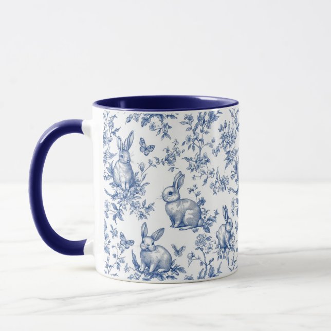 Sweet Blue Bunny Rabbits French Toile Mug (Left)