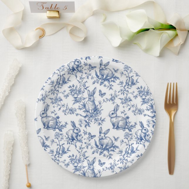 Sweet Blue Bunny Rabbits French Toile Paper Plates (Wedding)