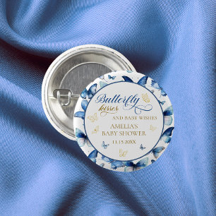 Sweet Blue Butterfly Kisses Baby Shower Party Button