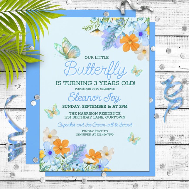 Sweet Blue Butterfly Theme Girl's Birthday Party Invitation (Creator Uploaded)