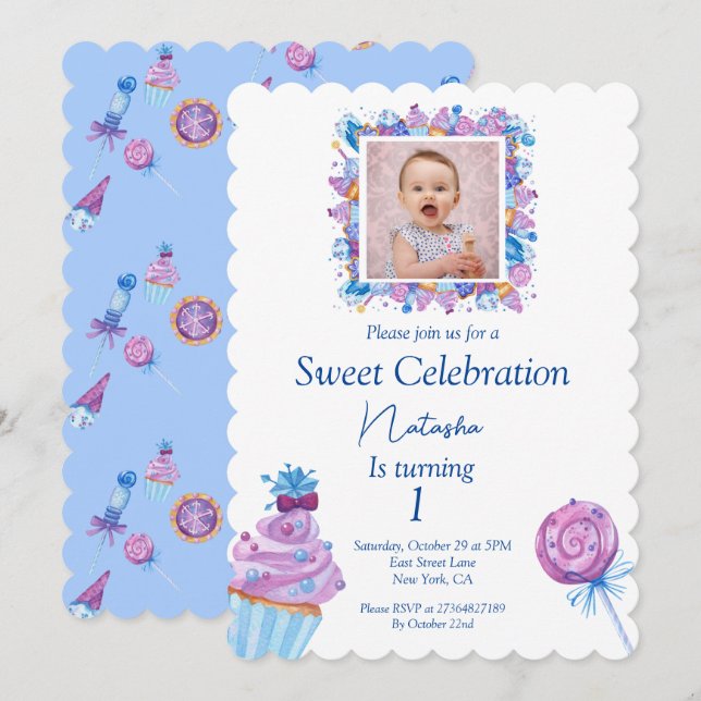 Sweet blue candy with photo birthday invitation (Front/Back)