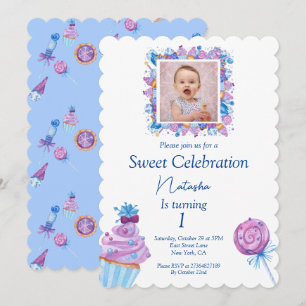 Sweet blue candy with photo birthday invitation