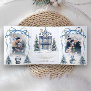 Sweet Blue Coquette Bow Christmas Wonderland Photo Tri-Fold Holiday Card