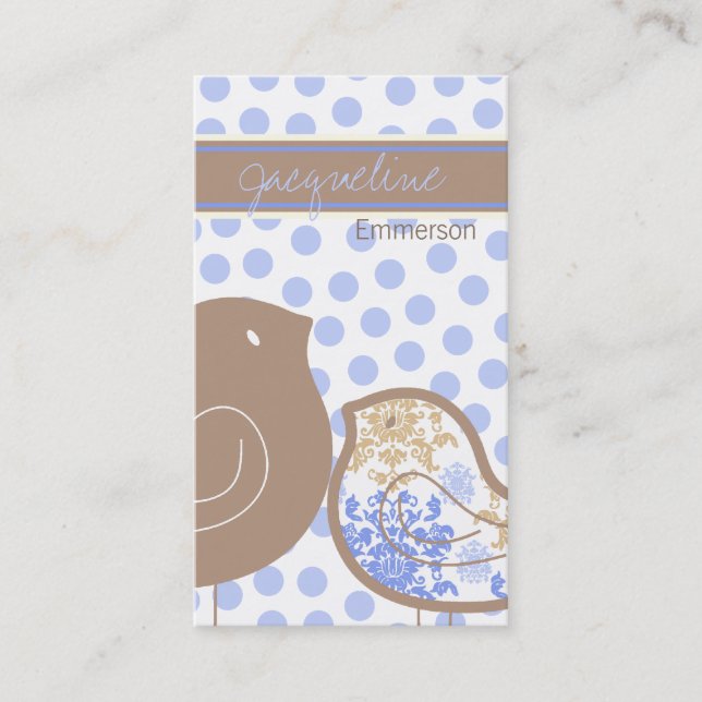 Sweet Blue Damask Chicks Polka Dots Whimsical Business Card (Front)