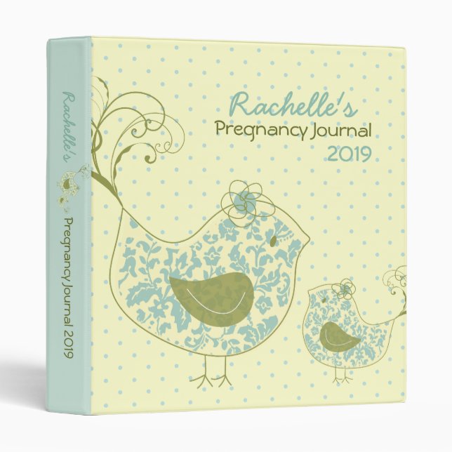 Sweet Blue Damask Mom & Baby Bird Swirls Journal Binder (Front/Spine)