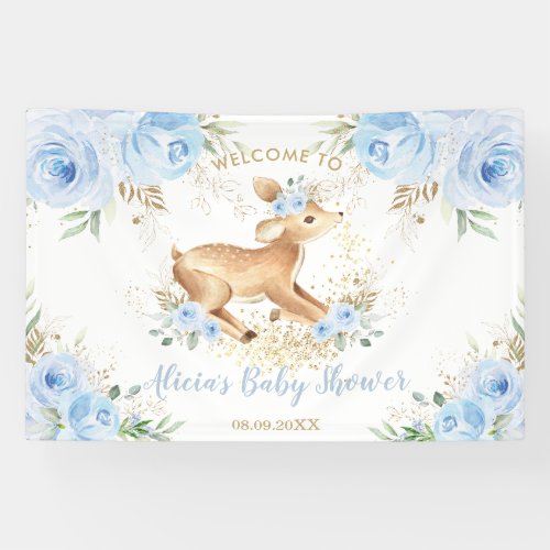 Sweet Blue Floral Baby Deer Fawn Boy Baby Shower Banner