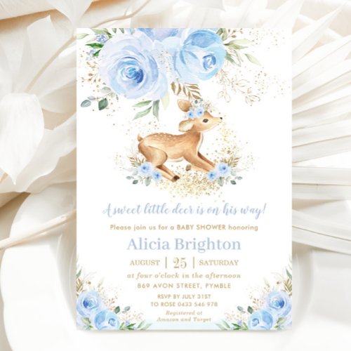 Sweet Blue Floral Baby Deer Fawn Boy Baby Shower Invitation