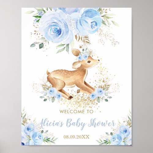 Sweet Blue Floral Baby Deer Fawn Boy Baby Shower Poster