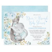 Sweet Blue Floral Elephant Drive By Baby Shower Invitation
