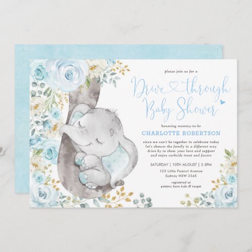Sweet Blue Floral Elephant Drive By Baby Shower Invitation