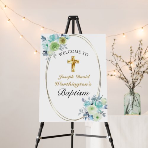 Sweet Blue Floral Gold Cross Baby Baptism Welcome Foam Board