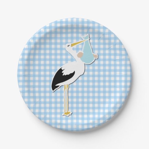 Sweet Blue Gingham and Stork Baby Shower Plate