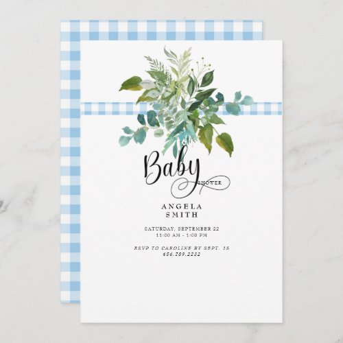 Sweet Blue Gingham Foliage Baby Shower Invitation