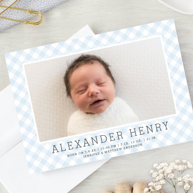 Sweet Blue Gingham Pattern | Birth Announcement (Creator Uploaded)
