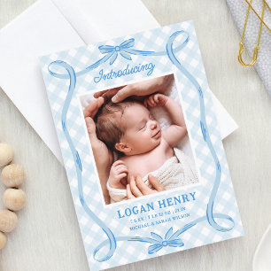 Sweet Blue Gingham Ribbon Bow Birth Announcement