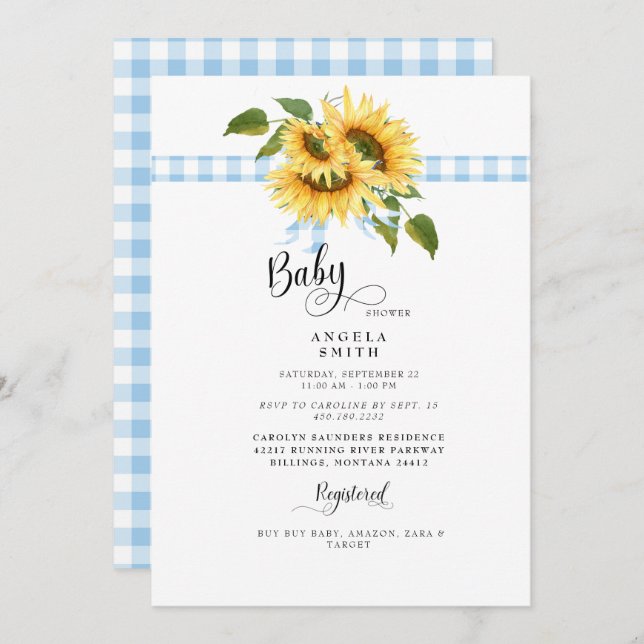 Sweet Blue Gingham Sunflower Baby Shower II Invitation (Front/Back)