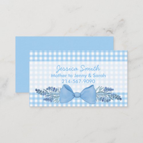 Sweet Blue Gingham with Flowers and Bow Mommy Calling Card