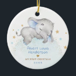 Sweet Blue Gold Elephant Baby 1st First Christmas Ceramic Ornament<br><div class="desc">This whimsical design features a cute sleeping baby elephant surrounded by blue and gold stars</div>