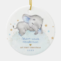 Sweet Blue Gold Elephant Baby 1st First Christmas