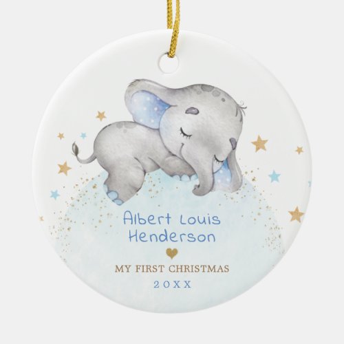 Sweet Blue Gold Elephant Baby 1st First Christmas Ceramic Ornament