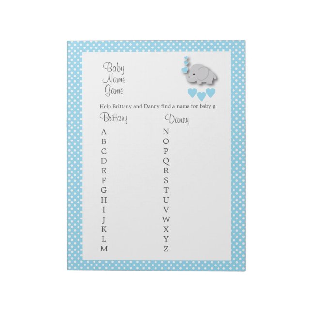 Sweet Blue & Gray Elephant - Baby Name Game Notepad (Rotated)