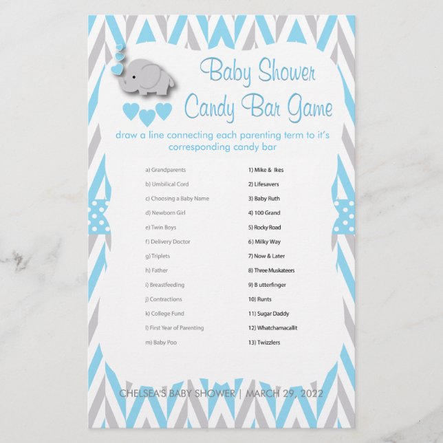 Sweet Blue & Gray Elephant Baby Shower - Game 2 (Front)